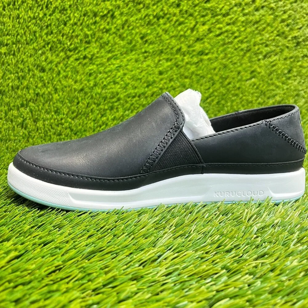 KURU Black Leather Slip-On Loafers with White Sole